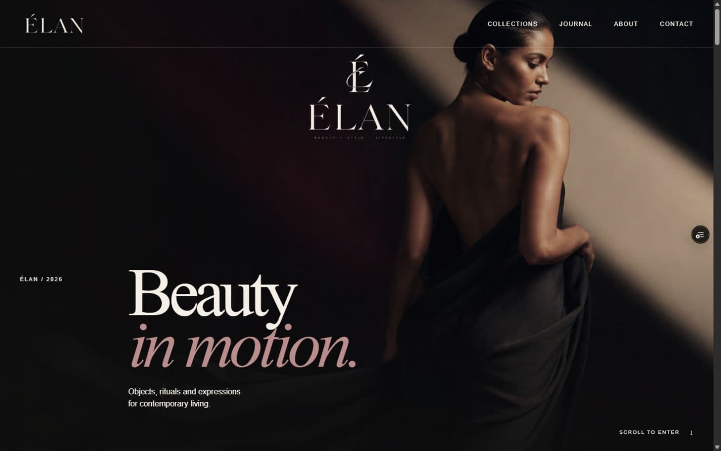 Página inicial do projeto demonstrativo ÉLAN, com direção de arte editorial e o título Beauty in motion.